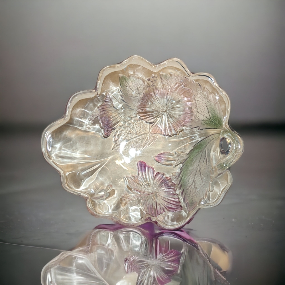 Clear Crystal/Glass Leaf Bowl with Pink & Purple Floral / Hibiscus Savori Vivre